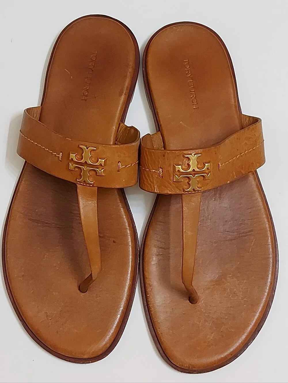 Tory Burch Tan Leather Logo Thong Sandals